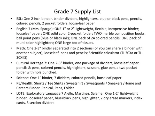 Grade 7 Supply List