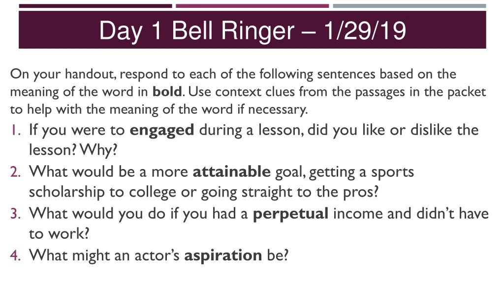 day 1 bell ringer 1 29 19