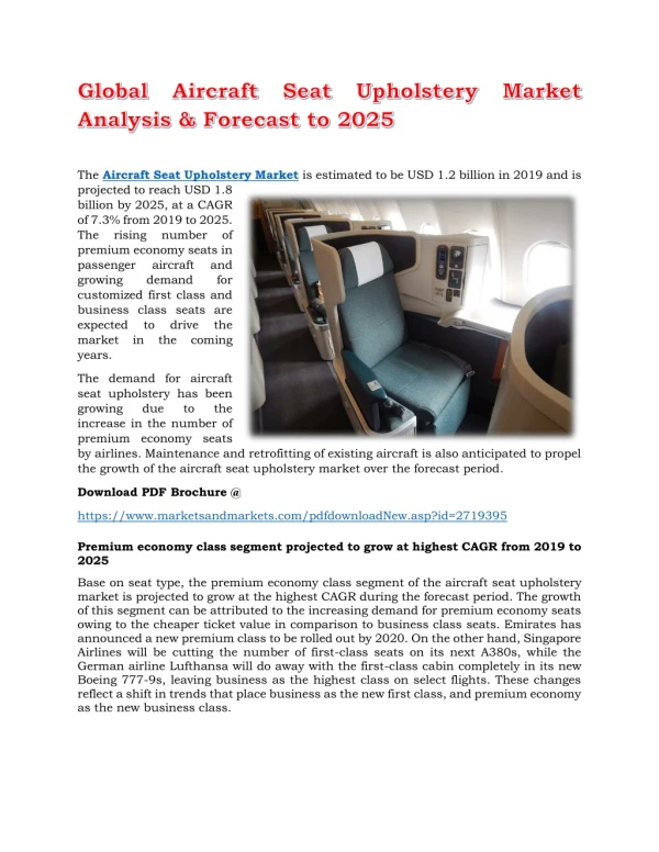 Global Aircraft Seat Upholstery Market Analysis & Forecast to 2025