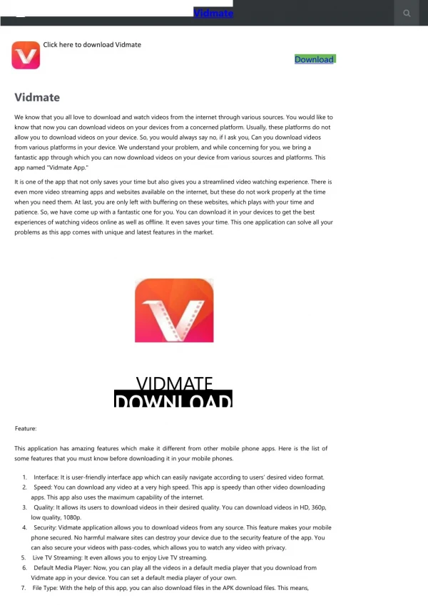 Download Vidmate for download amazing HD videos & Live Tv
