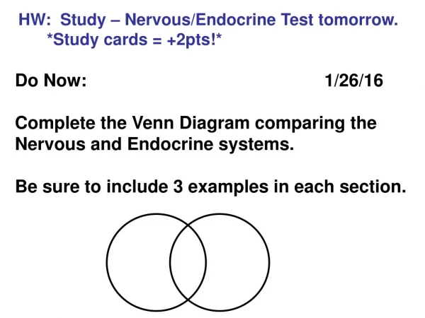 HW: Study – Nervous/Endocrine Test tomorrow. *Study cards = +2pts!*