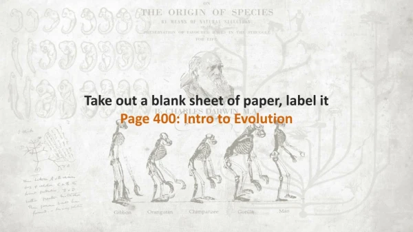 Take out a blank sheet of paper, label it Page 400: Intro to Evolution