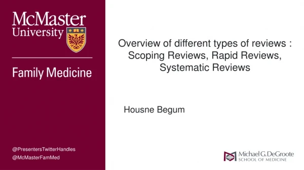 Overview of different types of reviews : Scoping Reviews, Rapid Reviews, Systematic Reviews