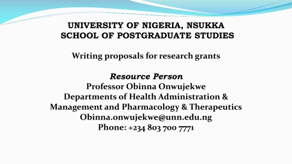 UNIVERSITY OF NIGERIA, NSUKKA SCHOOL OF POSTGRADUATE STUDIES
