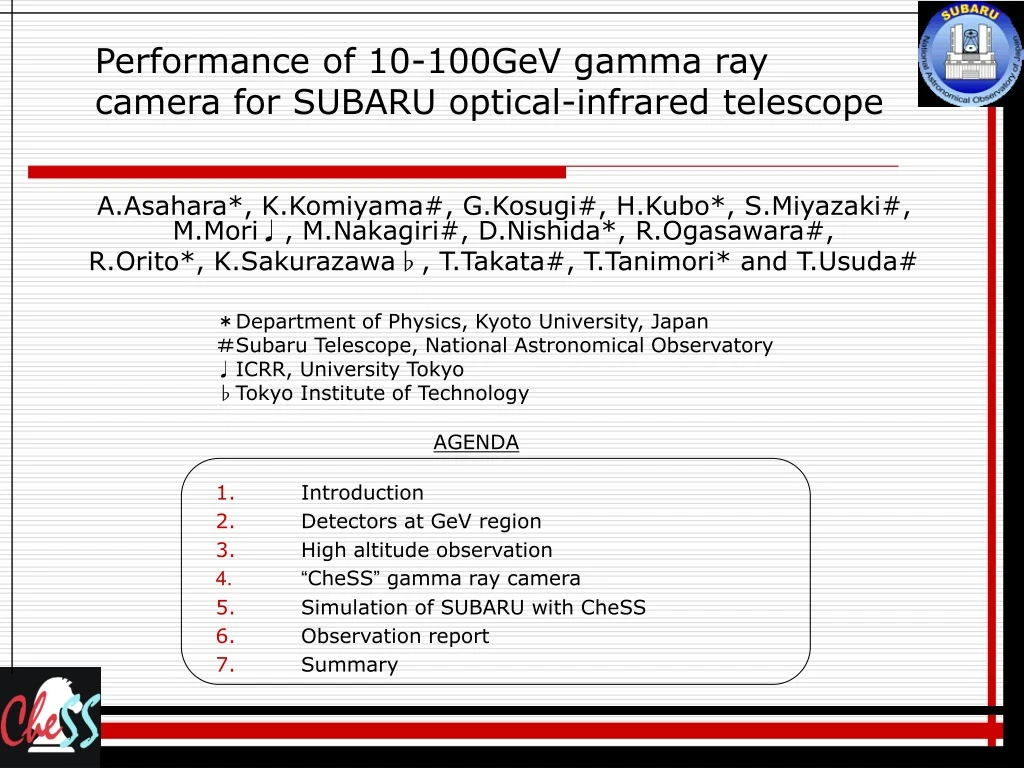 performance of 10 100gev gamma ray camera for subaru optical infrared telescope