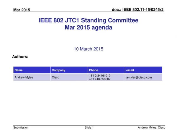 IEEE 802 JTC1 Standing Committee Mar 2015 agenda