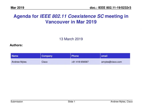 Agenda for IEEE 802.11 Coexistence SC meeting in Vancouver in Mar 2019