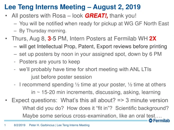 Lee Teng Interns Meeting – August 2, 2019