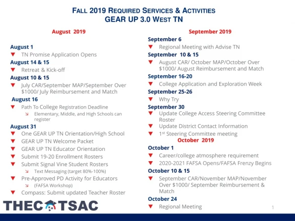 Fall 2019 Required Servi ces &amp; Activities GEAR UP 3.0 West TN