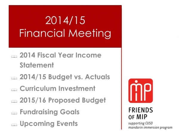 2014 Fiscal Year Income Statement 2014/15 Budget vs. Actuals Curriculum Investment