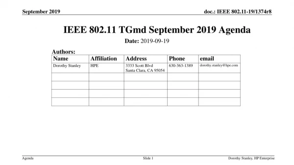 IEEE 802.11 TGmd September 2019 Agenda