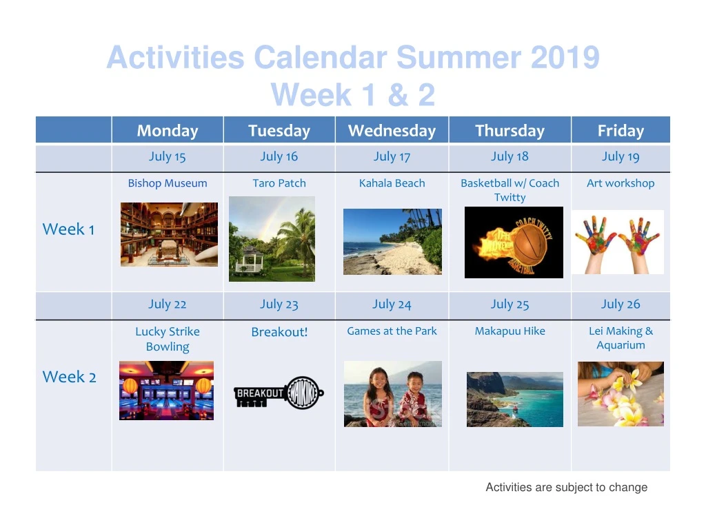 activities calendar summer 2019 week 1 2