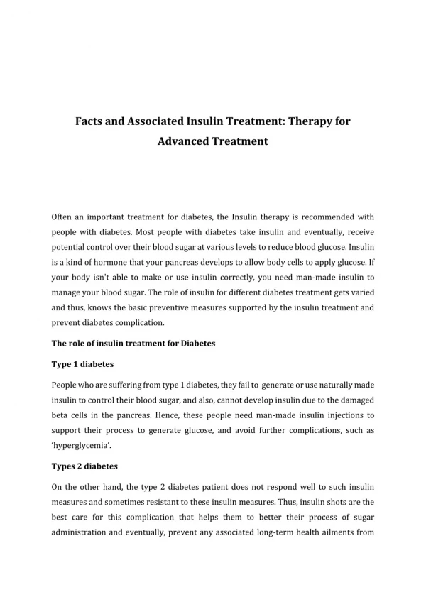 Facts and Associated Insulin Treatment: Therapy for Advanced Treatment