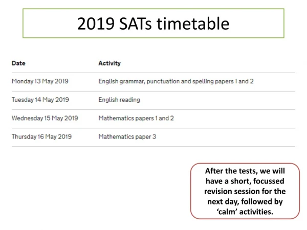 2019 SATs timetable