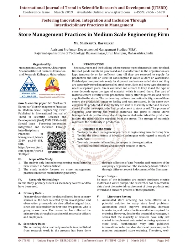 Store Management Practices in Medium Scale Engineering Firm