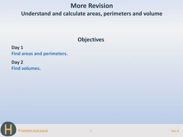 Objectives Day 1 Find areas and perimeters. Day 2 Find volumes.