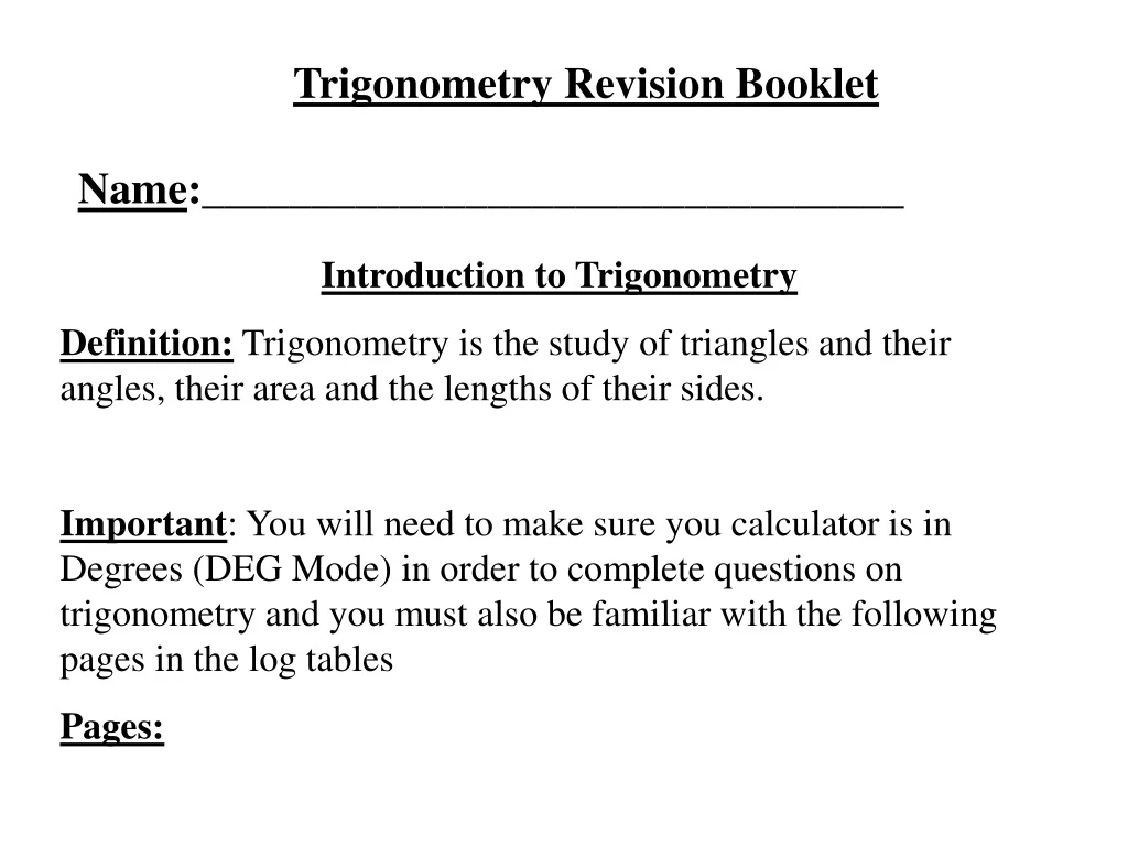 trigonometry revision booklet name