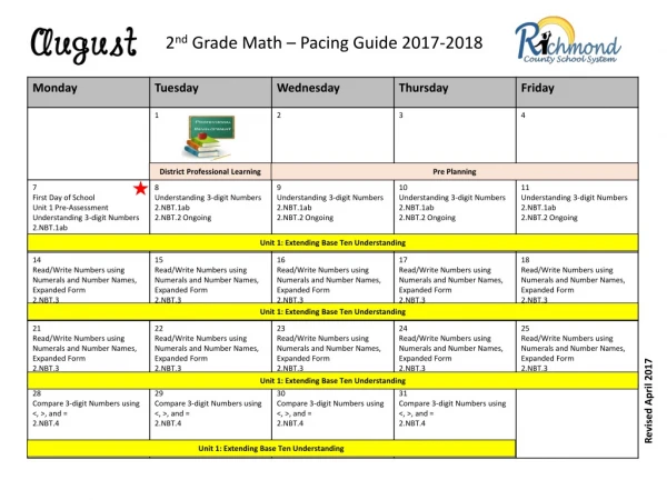 2 nd Grade Math – Pacing Guide 2017-2018