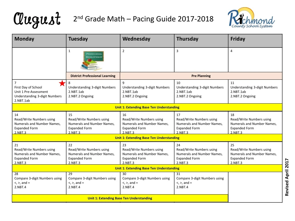 2 nd grade math pacing guide 2017 2018