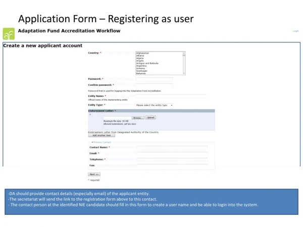 Application Form – Registering as user