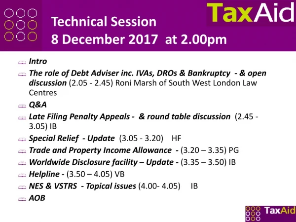 Technical Session 8 December 2017 at 2.00pm