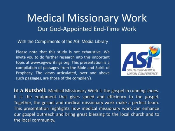 Medical Missionary Work Our God-Appointed End-Time Work