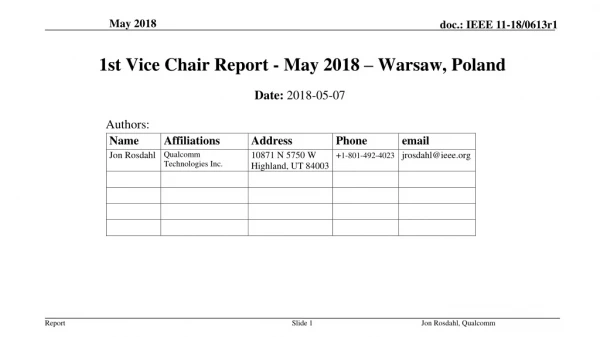 1st Vice Chair Report - May 2018 – Warsaw, Poland
