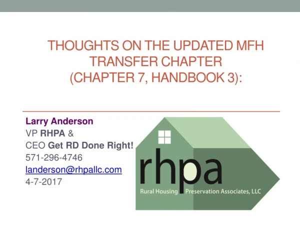 THOUGHTS on THE UPDATED MFH TRANSFER CHAPTER (Chapter 7, Handbook 3):