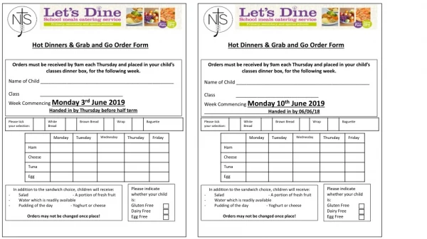 Hot Dinners &amp; Grab and Go Order Form