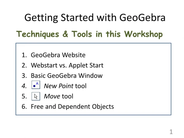 Techniques &amp; Tools in this Workshop GeoGebra Website Webstart vs. Applet Start
