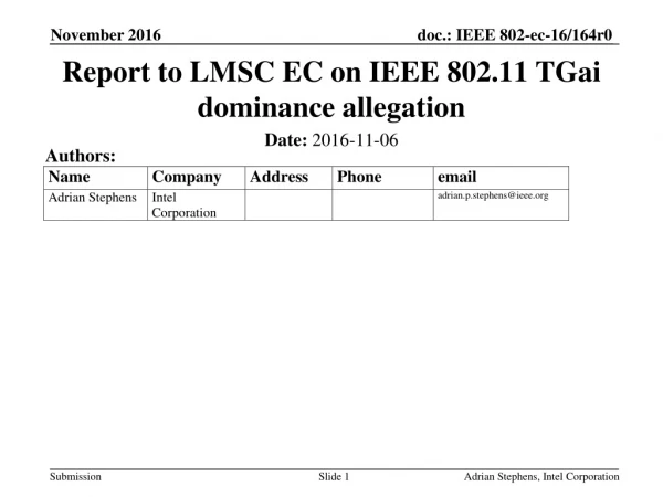 Report to LMSC EC on IEEE 802.11 TGai dominance allegation