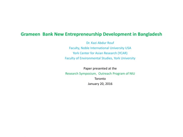 Grameen Bank New Entrepreneurship Development in Bangladesh