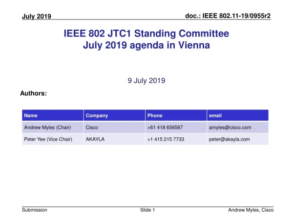 IEEE 802 JTC1 Standing Committee July 2019 agenda in Vienna