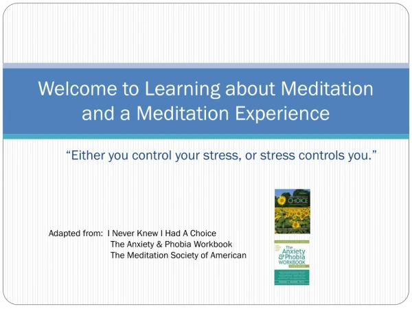Welcome to Learning about Meditation and a Meditation Experience