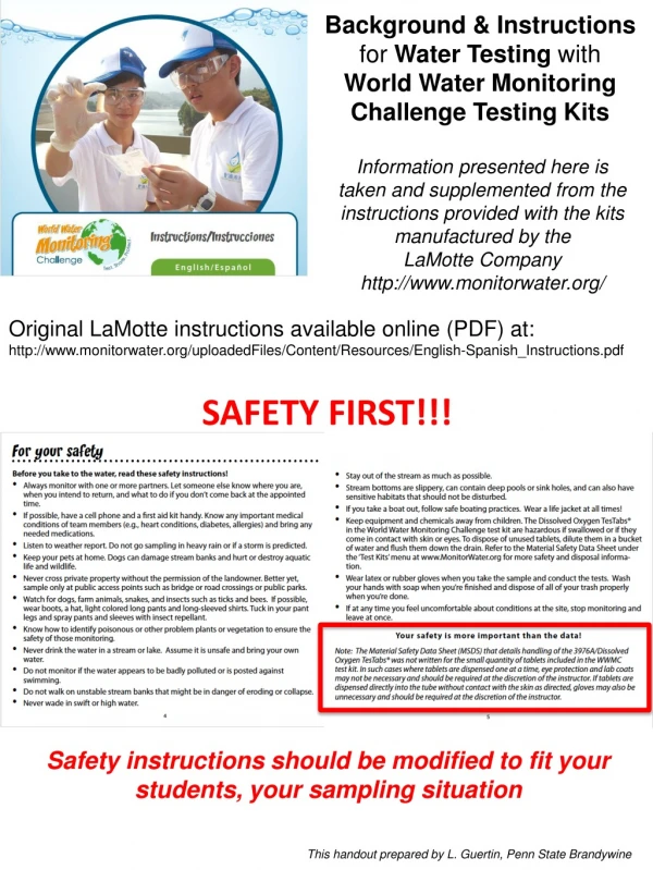 Background &amp; Instructions f or Water Testing with World Water Monitoring Challenge Testing Kits