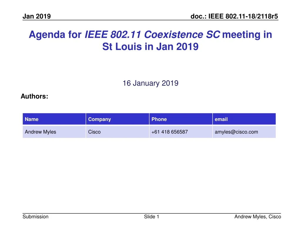 agenda for ieee 802 11 coexistence sc meeting in st louis in jan 2019