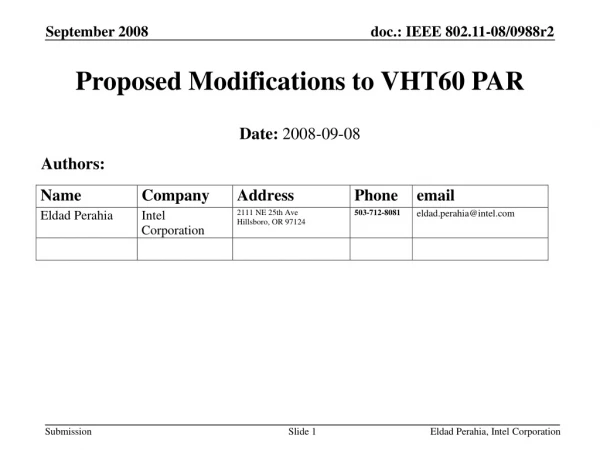 Proposed Modifications to VHT60 PAR