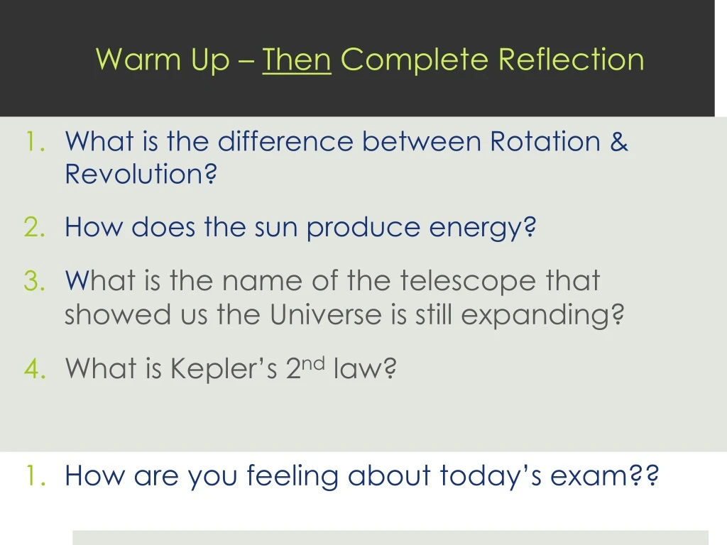 warm up then complete reflection
