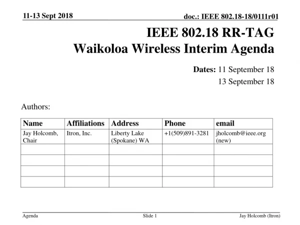 IEEE 802.18 RR-TAG Waikoloa Wireless Interim Agenda