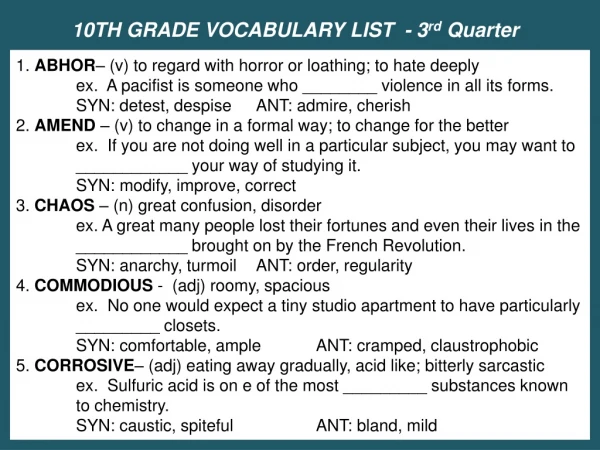 10TH GRADE VOCABULARY LIST - 3 rd Quarter