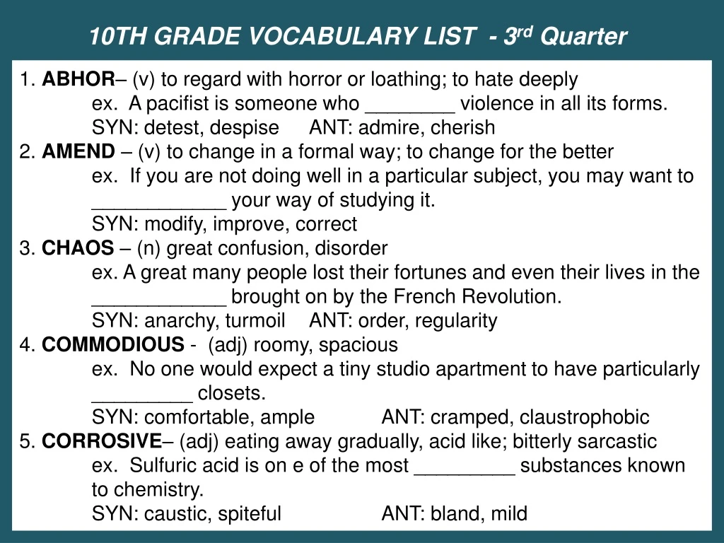 10th grade vocabulary list 3 rd quarter