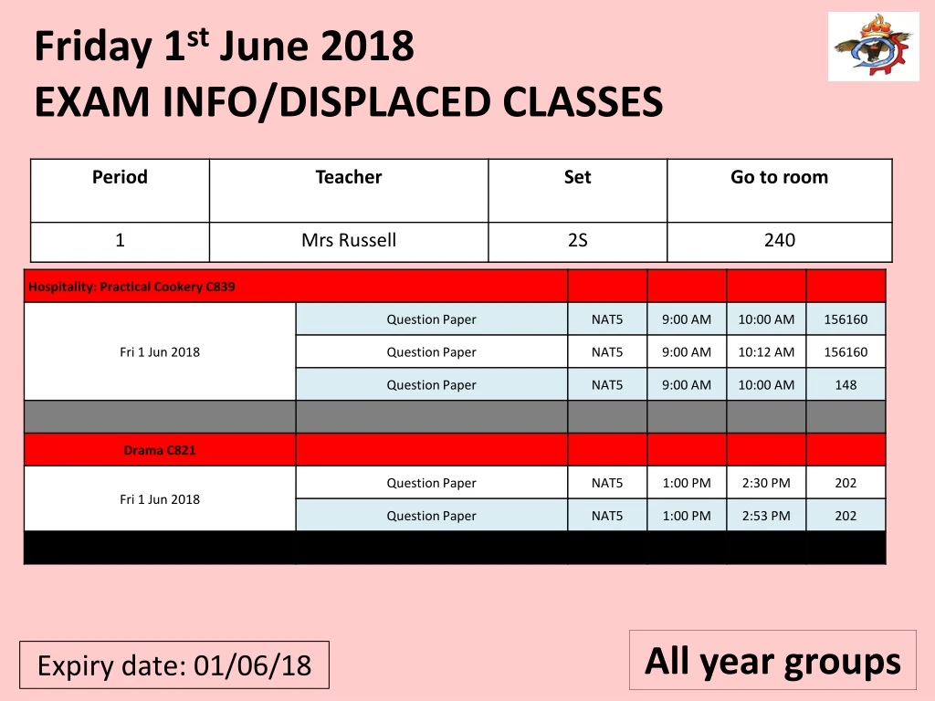 friday 1 st june 2018 exam info displaced classes