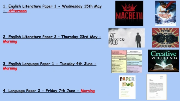 1. English Literature Paper 1 - Wednesday 15th May - Afternoon