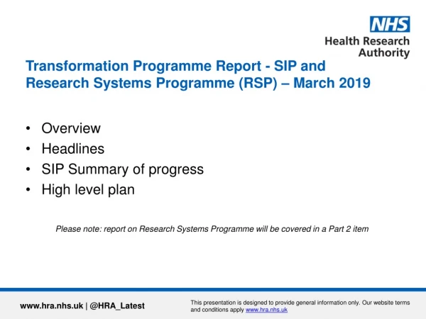 Transformation Programme Report - SIP and Research Systems Programme (RSP) – March 2019