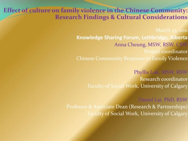 Effect of culture on family violence in the Chinese community
