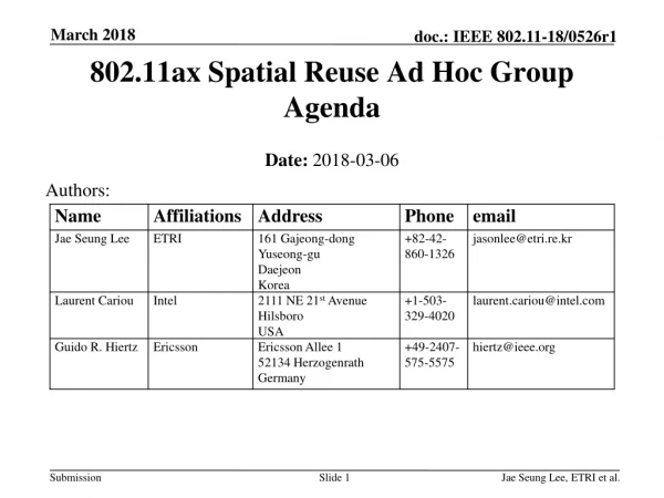 802.11ax Spatial Reuse Ad Hoc Group Agenda