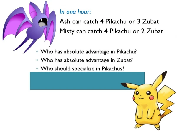 In one hour: Ash can catch 4 Pikachu or 3 Zubat Misty can catch 4 Pikachu or 2 Zubat
