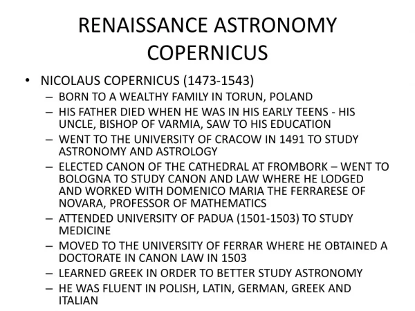 RENAISSANCE ASTRONOMY COPERNICUS