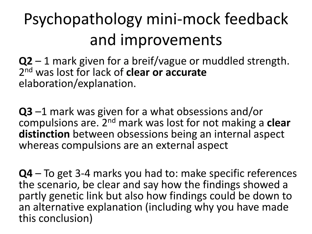 psychopathology mini mock feedback and improvements