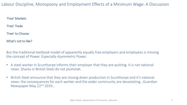 Labour Discipline, Monopsony and Employment Effects of a Minimum Wage: A Discussion